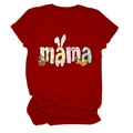 Close-up of red MAMA Easter t-shirt with bunny ears, eggs, and carrot patterns - Red