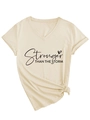 Dettaglio della stampa e del nodo sull'orlo della t-shirt beige da donna con scollo a V - S / Sabbia (Carattere Nero)