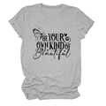 Detailed flat lay of heather grey T-shirt with BE YOUR OWN KIND OF Beautiful print - S / Tops / Light Gray