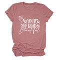 Detail of dusty rose T-shirt fabric with white BE YOUR OWN KIND OF BEAUTIFUL print - S / Tops / Rose Gold