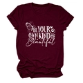 Detail of burgundy T-shirt with butterfly print and Be Your Own Kind of Beautiful text - S / Tops / Burgundy