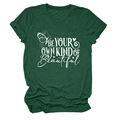 Detail of dark green cotton T-shirt featuring white BE YOUR OWN KIND OF Beautiful print - S / Tops / Vintage Green