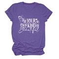 Detail of purple heather crew neck T-shirt with 'Be Your Own Kind Of Beautiful' print - S / Tops / Purple