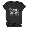 Detail of dark gray crewneck T-shirt with 'Be Your Own Kind Of Beautiful' print - S / Tops / Black Heather Grey