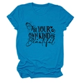 Detail of bright blue crew neck t-shirt with black butterfly and quote print - S / Tops / Lake Blue