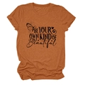 Detail of rust red cotton t-shirt featuring butterfly print and beautiful quote text - S / Tops / Burnt Orange