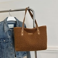 Brown teddy fleece tote bag with leather handles and gold studs for women - Brown
