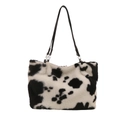 Borsa tote minimalista in peluche con stampa mucca bianca e nera e manici sottili - Nero