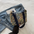 Retro floral crescent bag with blue embroidery and adjustable nylon shoulder strap - Dark Blue