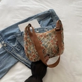 Retro crescent moon bag in colorful floral jacquard with adjustable brown strap - Brown