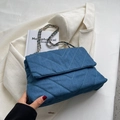 Blue denim quilted chain bag with V-shaped stitching and gold-toned metal strap - Blue