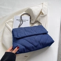 Fashionable dark blue denim crossbody bag with V-shaped quilting and gold chain strap - Dark Blue