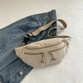 Beige corduroy belt bag with triple zipper pockets and adjustable nylon strap for women - Khaki