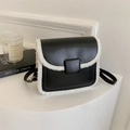 Retro small square crossbody bag featuring black leather and white faux fur trim design - Black