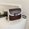 Retro dark brown leather crossbody bag with white fuzzy faux fur trim and square buckle - Brown