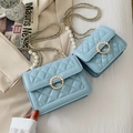 Light blue quilted shoulder bag featuring elegant pearl ring clasp and chain strap - Small / Blue