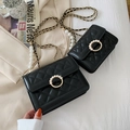 Chic black quilted square bag with pearl chain strap and pearl ring buckle - Small / Black
