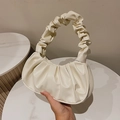 Chic beige cloud handbag with ruched handle and soft pleated faux leather design - White