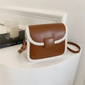 Vintage brown leather crossbody bag with white faux shearling trim and square buckle - Brown