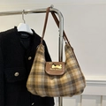 Borsa tote a scacchi con patta in pelle marrone e motivo a cucciolo giallo - Cachi
