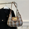 Borsa tote a quadri con patta in pelle marrone e simpatico motivo di cane cartone - Blu
