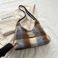 Plaid faux fur hobo bag with gold metal plate and chain strap for stylish commute - Blue