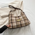Brown vintage checkered tweed underarm bag with dark brown leather straps and gold logo - Khaki