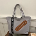 Large grey canvas tote bag with fashion letter webbing and decorative metal zipper - Gray