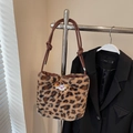 Faux fur leopard print tote bag with plush texture and cute cartoon embroidery - Coffee