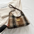 Brown plaid plush tote bag with leather strap and metal chain details for women - Brown