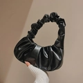 Minimalist black shiny pleated dumpling handbag with gathered strap for women - Black