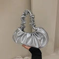 Metallic silver cloud handbag with ruched scrunchie handle and pleated vegan leather finish - Silver