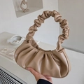 Khaki macaron cloud handbag with pleated handle and textured minimalist finish - Khaki