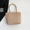 Minimalist quilted tote bag in beige with long shoulder straps and gold rivet detail - Khaki