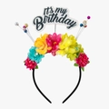 Diadema de flores coloridas para cumpleaños con texto 'IT'S MY BIRTHDAY' y perlas - Colorido