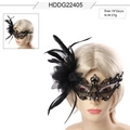 Máscara de encaje negro con plumas y brillantes para disfraces de fiesta - Máscara de Encaje con Strass (HDDG22405)