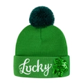 Green St. Patrick's knit hat with Lucky embroidery and green sequin shamrock detail - Shamrock Style (SCA24004)