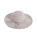 Light khaki wide brim straw sun hat with frayed fringe and elegant bow detail - One Size / Grey (CCB25016)