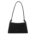 Minimalist black matte leather baguette bag with gold FASHION logo and knotted strap - Black