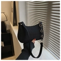 Detail of black crocodile texture faux leather shoulder bag with decorative chain link - Black
