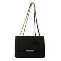 Minimalist black quilted shoulder bag with golden lock and chain strap on white background - Black