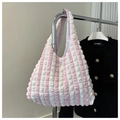 Detail of pink and white striped popcorn fabric tote bag with textured ruffles - Pink White Stripes