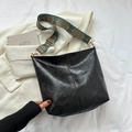 Black vintage leather tote bag with colorful ethnic print wide shoulder strap - Black