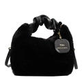 Borsa a mano nera in peluche con pelliccia sintetica e manici in pelle arricciata - Nero
