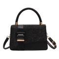Retro black square shoulder bag with glitter flap and gold hardware on white background - Black