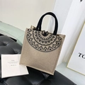 Minimalist beige linen tote bag featuring a black ethnic print and rope handles - Vertical / Khaki