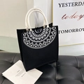 Minimalist black linen tote bag with geometric print and white rope handle - Vertical / Black