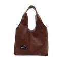Bolso de mano minimalista de cuero PU marrón para mujer con parche de logotipo de moda - Marrón