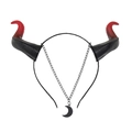 Halloween devil horn headband with red-black gradient and hanging crescent moon charm - One Size / Black Red Gradient Moon Horn Style (HAEG22197)