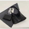Minimalist black PU leather tote bag set with wide shoulder strap and small clutch bag - Main Bag And Pouch Set / Black